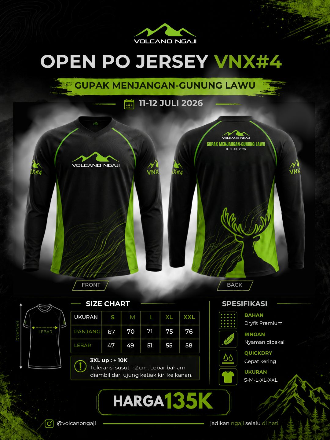Open PO Jersey VNX#4 — desain depan & belakang, size chart, dan spesifikasi